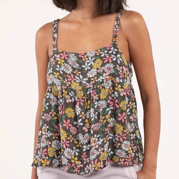NWT Volcom Dazee Cami Tank Top Crinkle Gauze Women’s Large Floral Babydoll - Picture 1 of 7